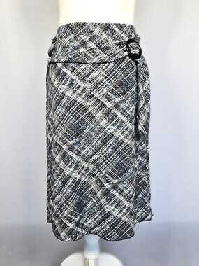 Luna Chix | Abstract Plaid Draped Midi Skirt | Black Blue | Size Small